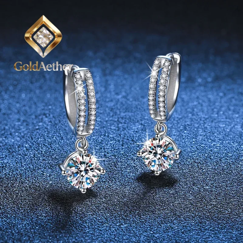 

GoldAether Luxury Solid White Gold Platinum PT950 Earrings moissanite earrings classic four claw D color 1 carat earrings for wo