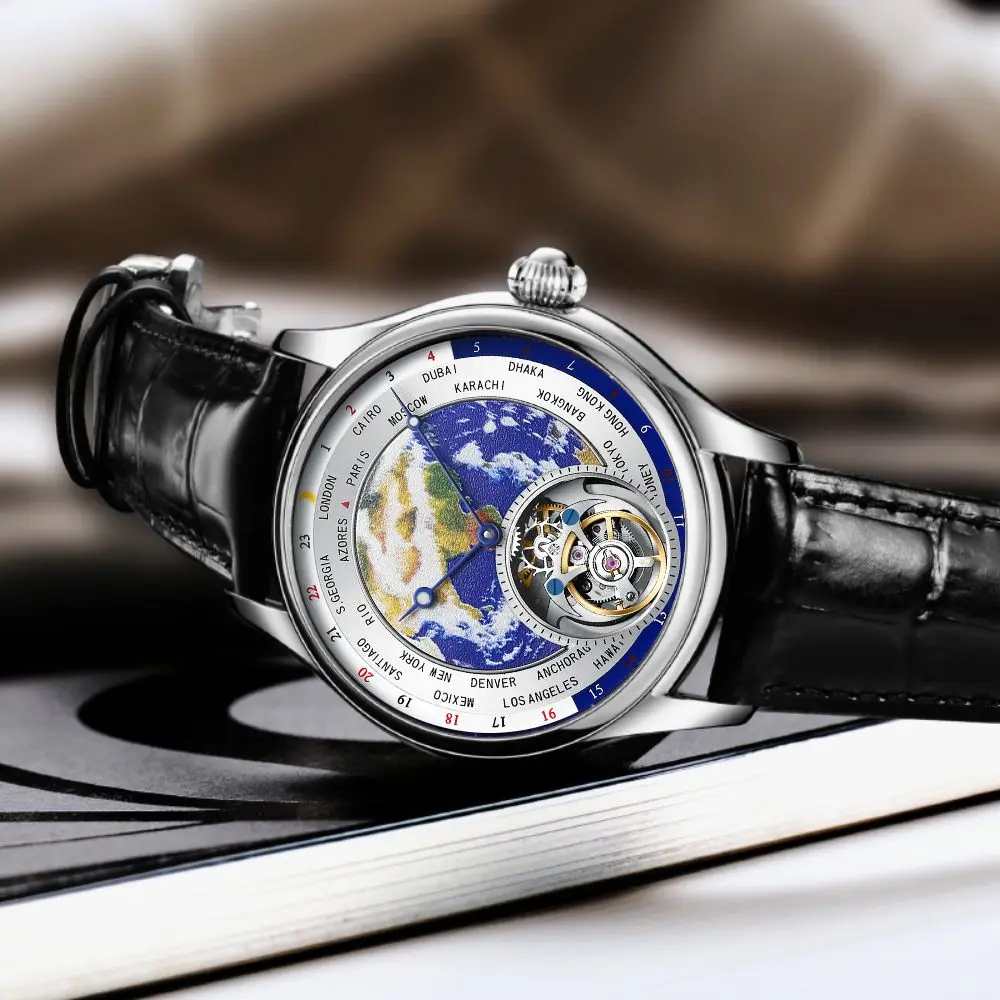 AESOP genuine real tourbillon luxury men\'s manual mechanical watch hollow blue earth luminous waterproof advanced business fashi