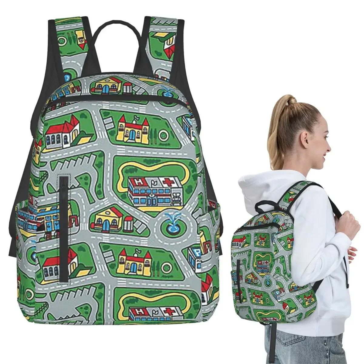 

Car City Carpet Road Rug 90s Nostalgic Toy Backpack Student Boys Girls BookBag Children Computer Shoulder Bags for Men Women