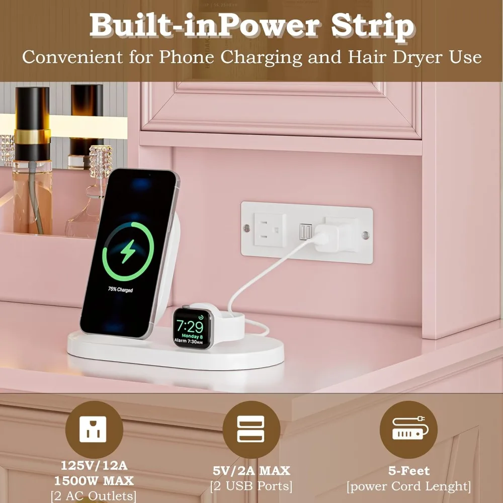 مكتب زينة مع أضواء، مرآة LED كبيرة مع 3 أوضاع ألوان، زينة مكياج مع مخرج طاقة ومنافذ USB، مجموعة زينة ريفية مع/6