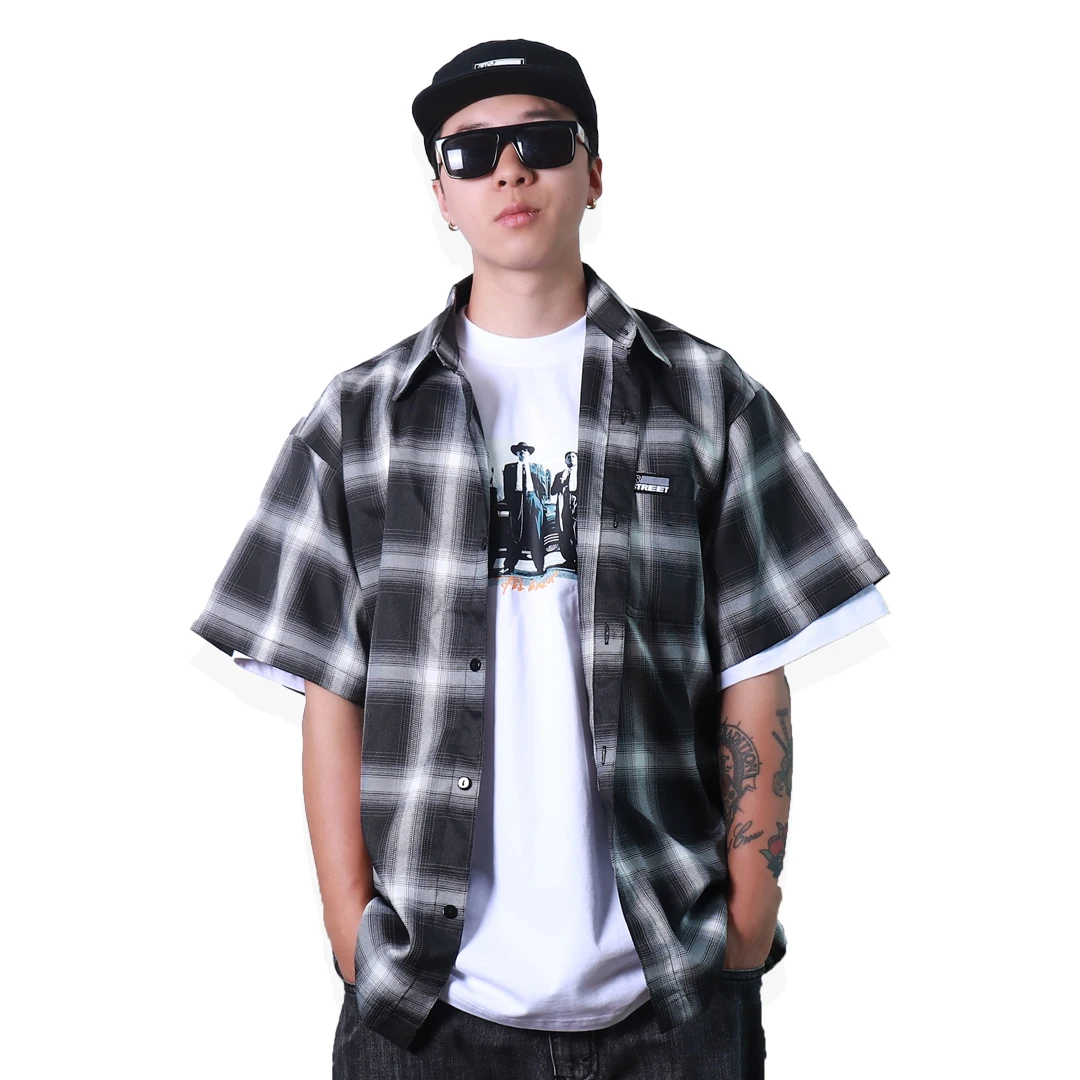 

FBS Brand American Style Gradient Plaid Short Sleeve Shirt Chicano Street Dance Shirt Classic Retro West Coast Style Spring S...