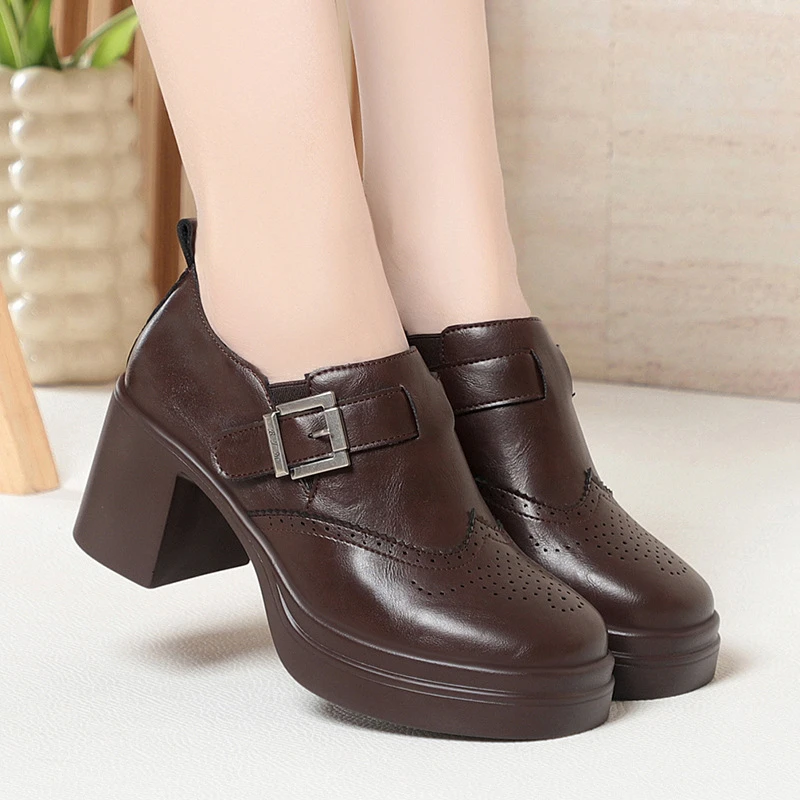Square Toe Thick Heel Single Shoes Thick Sole High Heel Retro Small Leather Shoes British Style Loafers Spring Women's Shoes