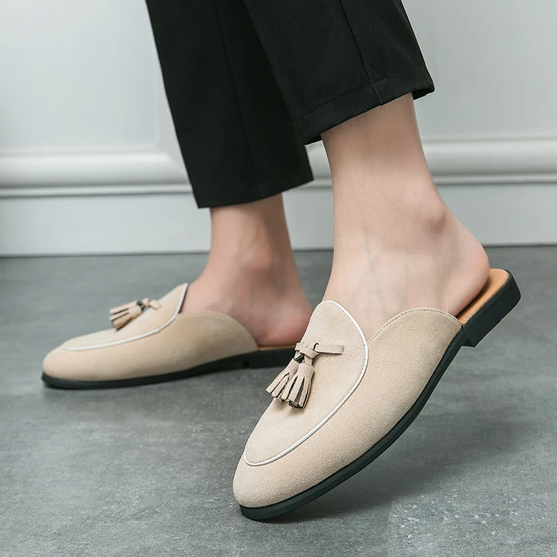 Summer Men Suede Half Loafers Fashion Tassel Breathable Slippers Man Outdoor Lightweight Mules Cool Half Shoes for Man Leather