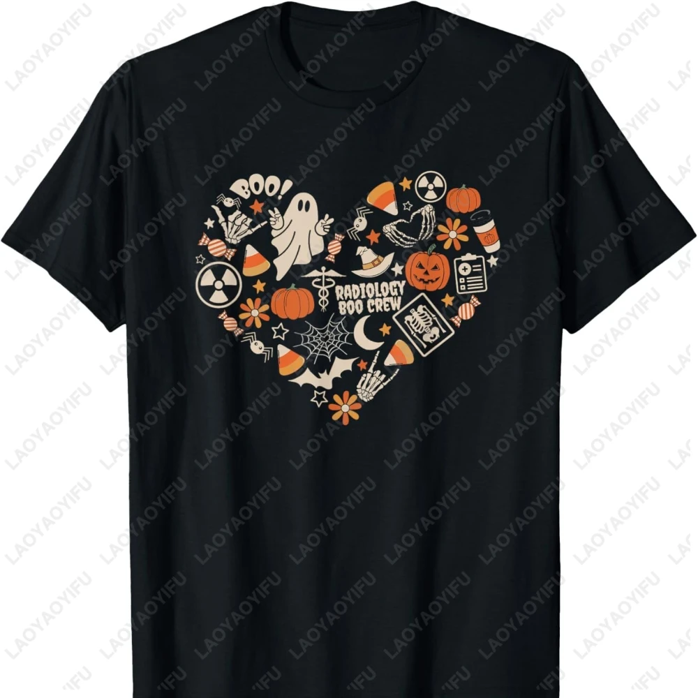 Halloween Boo Ghost Heart X-ray Tech Printed T-shirt Tops Gift Woman Man Cotton Tshirt Pumpkin Bat Witch Hat Pattern T Shirts