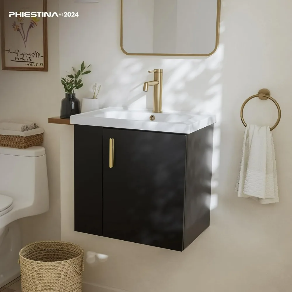 20 Inch Pre-Assembled Floating Bathroom Vanity for Small Space, Wall-Mounted Black Cabinet with Ceramic Sink, Soft-Close Doo