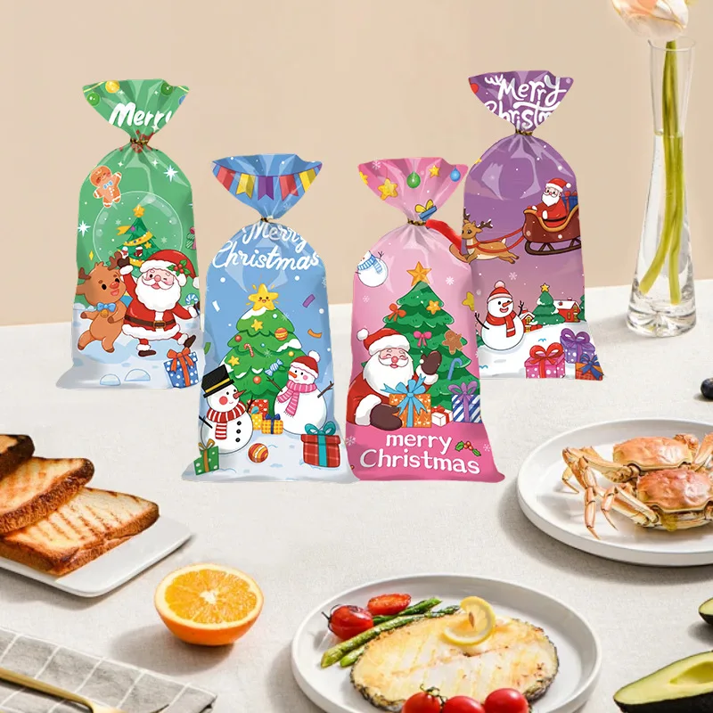 50 Pcs Colorful printing Christmas Plastic Bag Opp Flat-Mouthed Xmas Gift Popcorn Bag Candy Cookies New Year Gift Packaging Bag