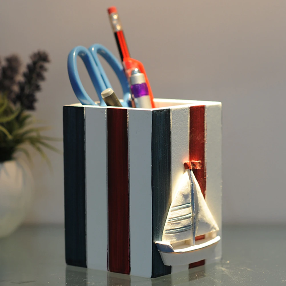 

1pc Striped Pen Holder Mediterranean Style Student Desk Organizer Wooden Pencil Friendly Practical