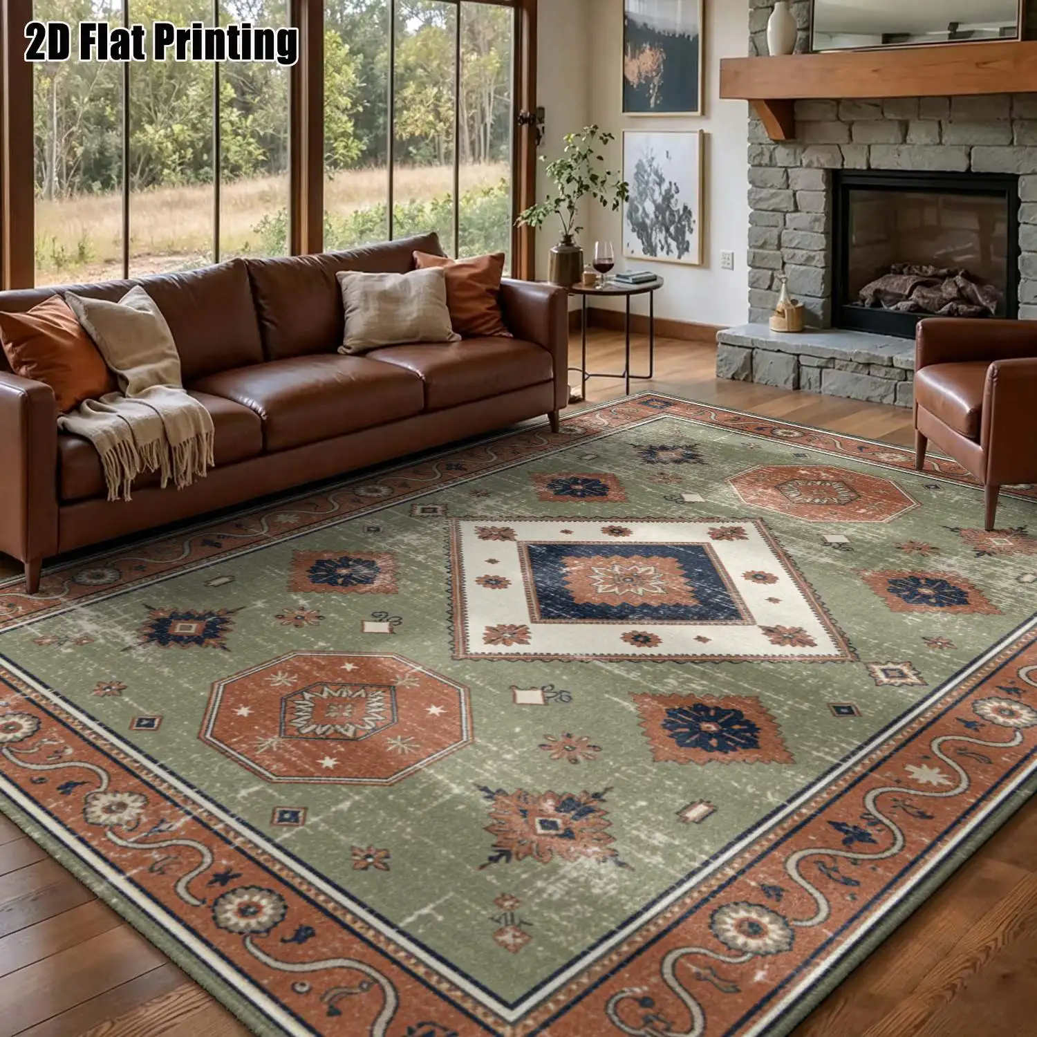 1Pc 2D Printed Retro Blue-Green Geometric Carpet: European, Bohemian Style, Home Decor, Multi-Size, Machine Washable, for Entrance, Dining, Foyer, Living Room, Bedroom