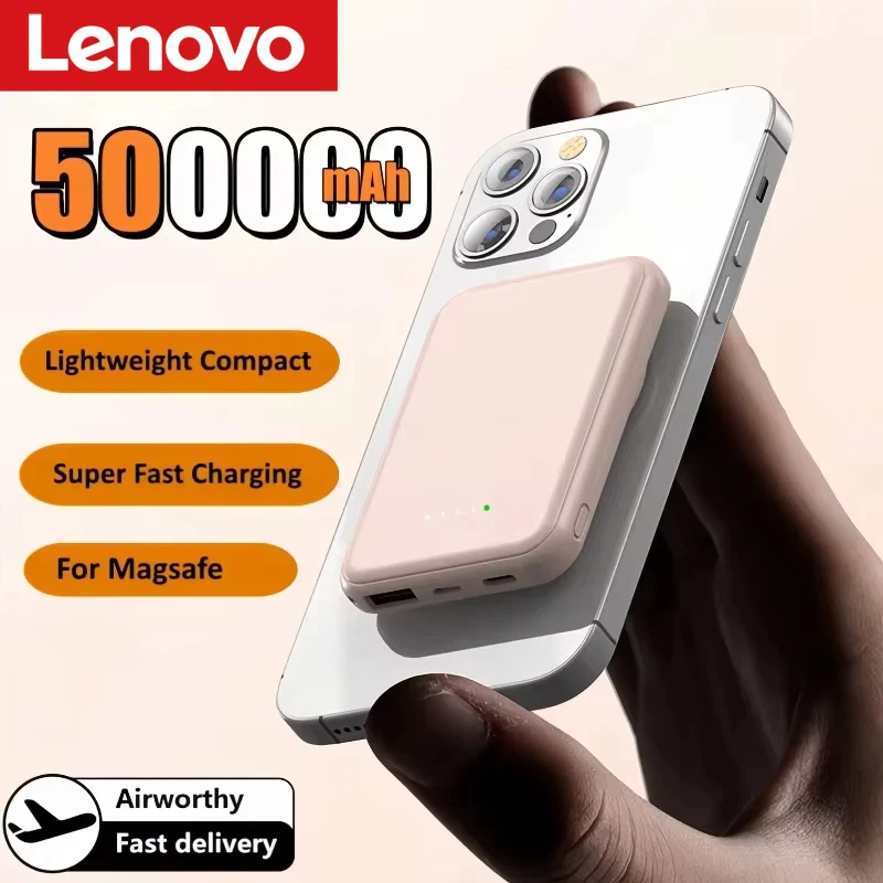 

Магнитный внешний аккумулятор Lenovo 500000 мАч, портативный беспроводной зарядный блок с супербыстрой зарядкой для iPhone и Samsung, новинка