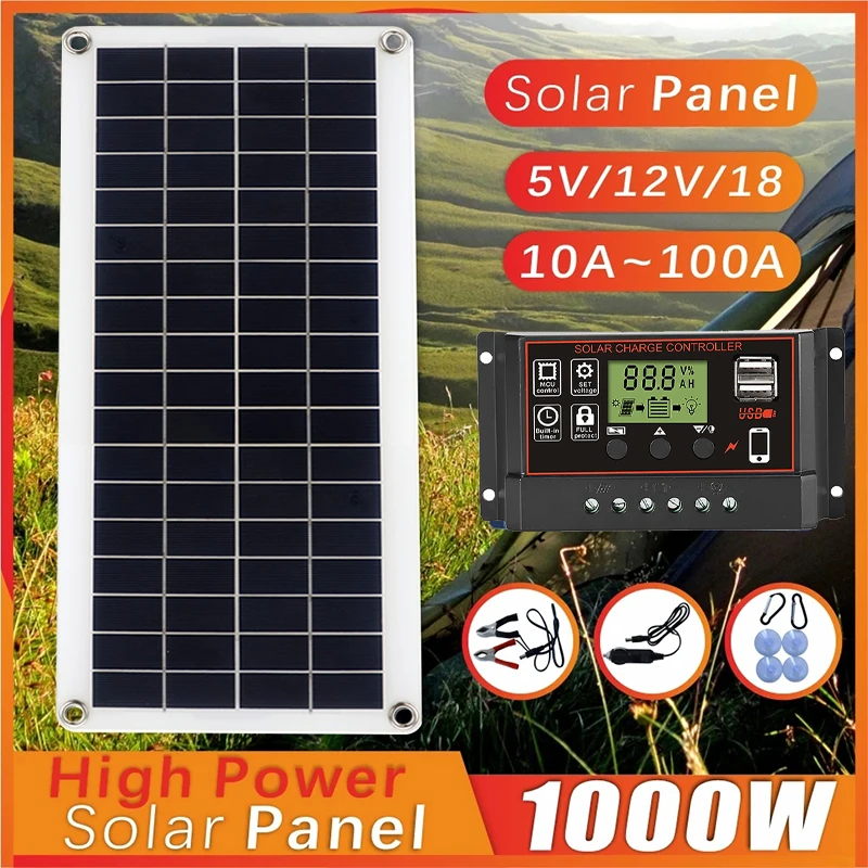 1000W Solar Panel 12V Solar Cell 10A-100A Controller Solar Plate Kit For Phone RV Car Caravan Home Camping Outdoor Battery