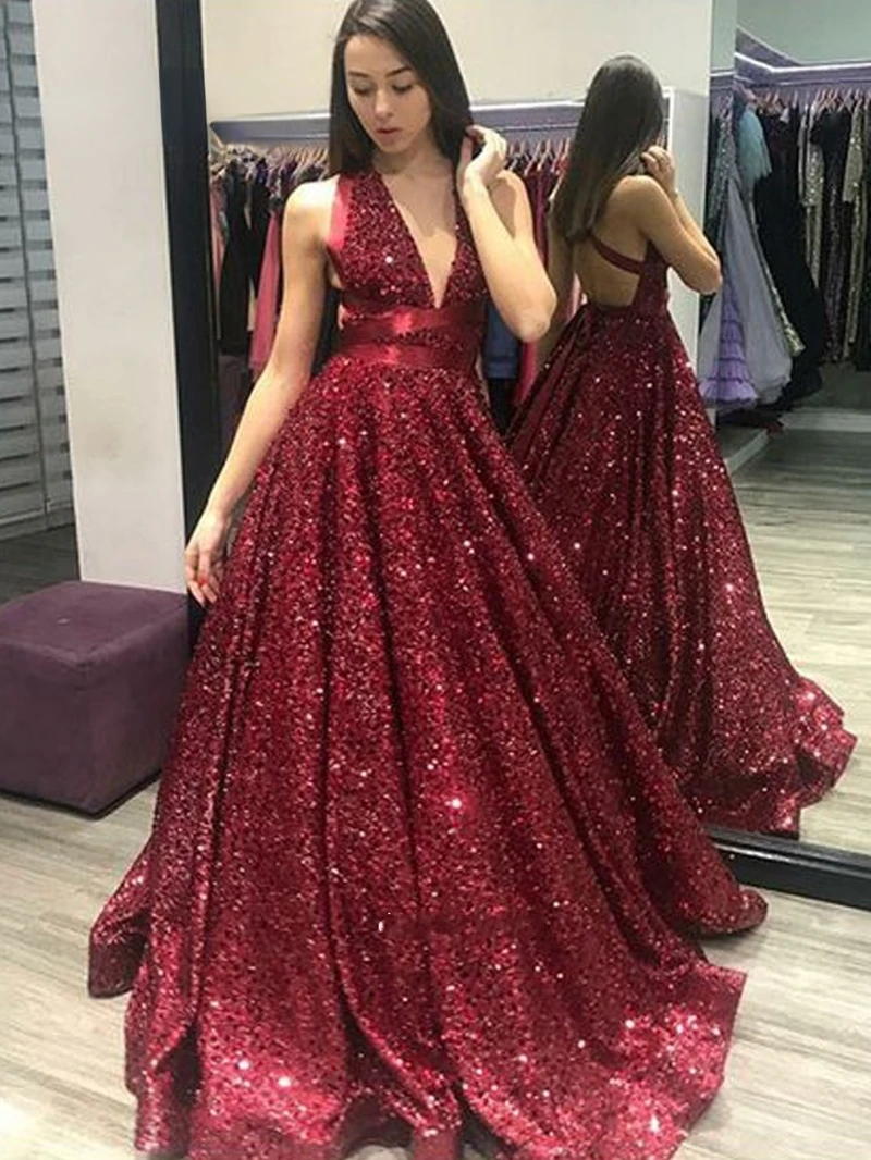 

Emerald Green Prom Dresses V-Neck Glitter Sequin Ball Gown Backless Party Maxys Long Prom Gown Evening Dress Robe De Soiree