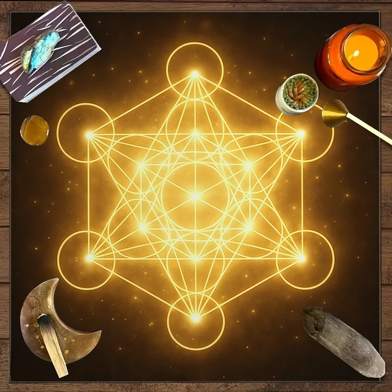 Tarot Cloth Astrology Sun Tarot Cloth Three Card Spread , 1pc Rays Metatron Cube Printed Tarot Tablecloth, Card Cushion,