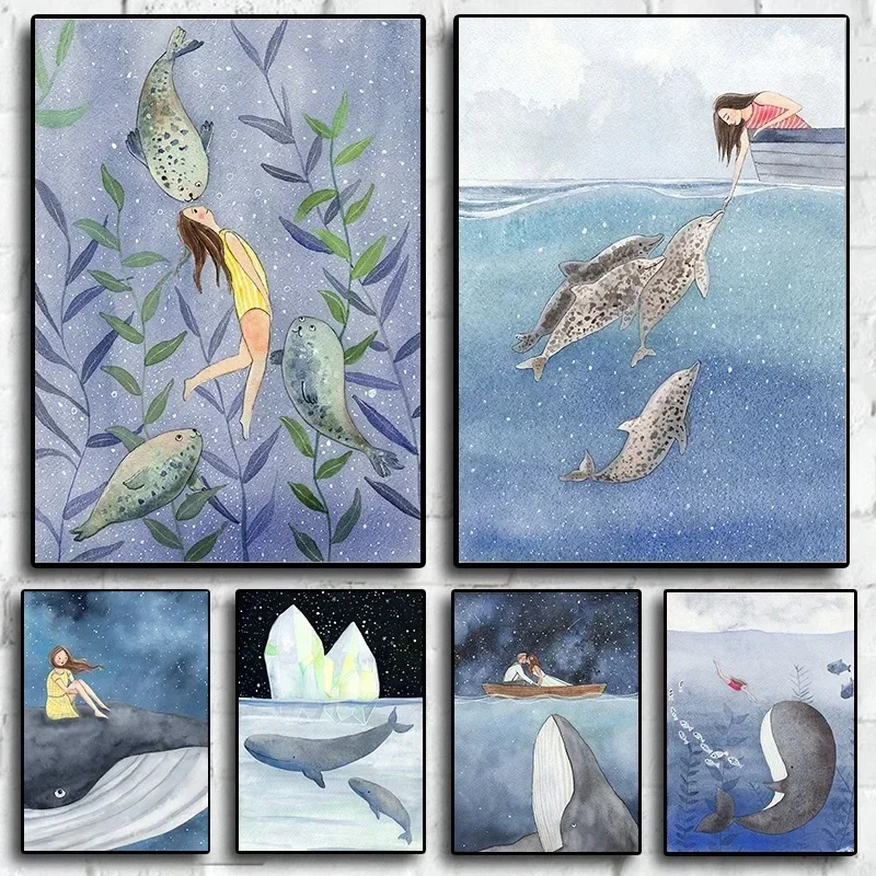 Nordic Cartoon Ocean Whale Dolphin Girl Boat Star Sky Canvas Wall Art Posters Kids Room Nursery Living Sofa Home Decor