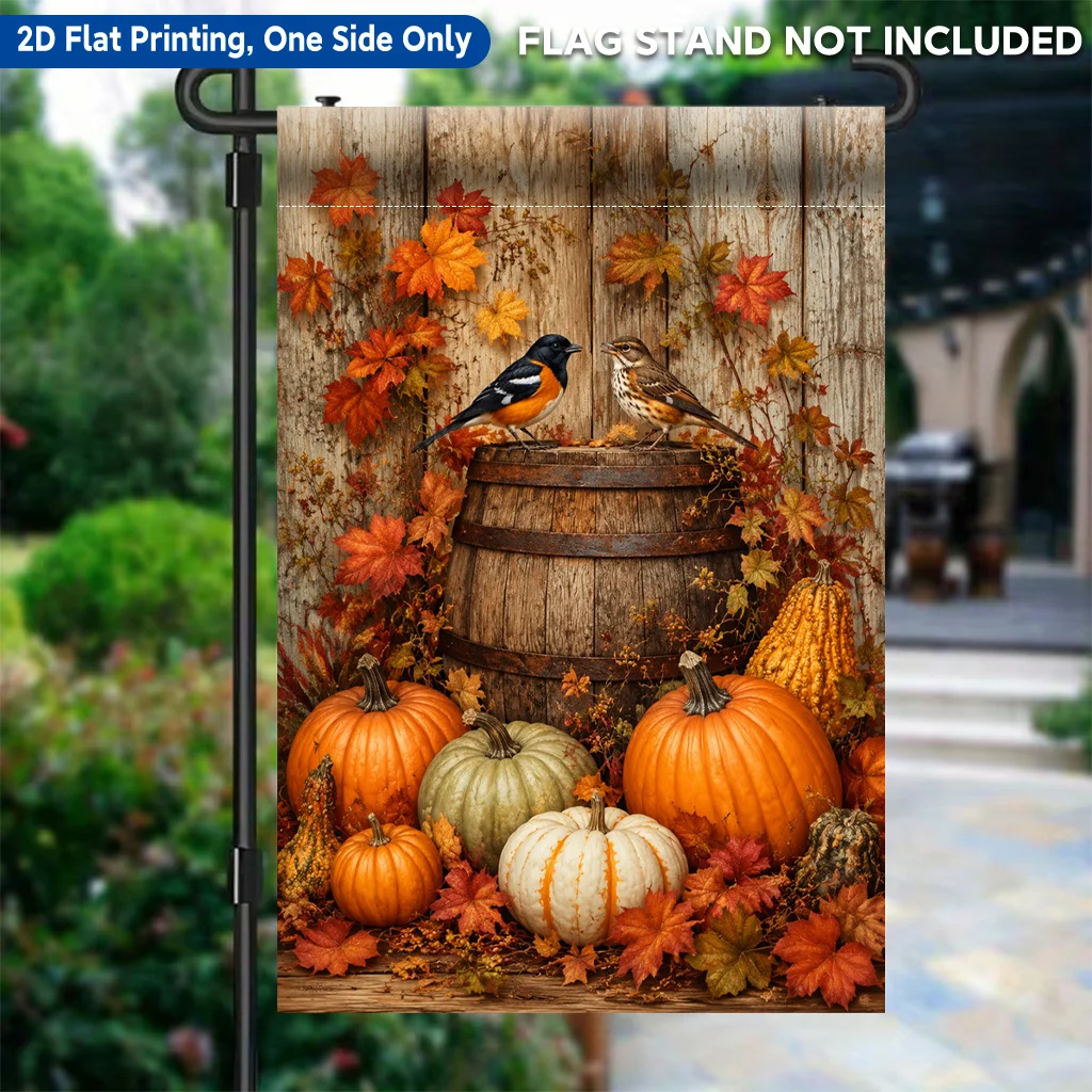 2D Flat Garden Flag 1 Piece, Pumpkin and Bird Combination Scene Single-sided Printed Garden Flag, Polyester Material, Holiday Yard Outdoor Flag, Suitable for Outdoor Home and Yard Holiday Decoration, Valentine's Day, Mother's Day, Easter, Christmas