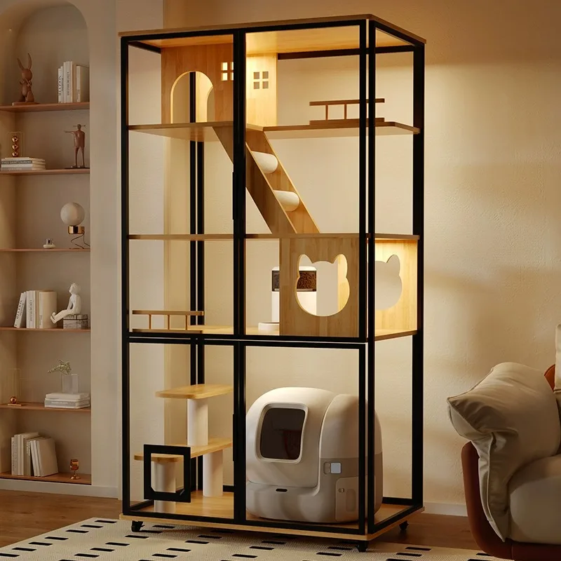カスタマイズ可能な大型パノラマ自動猫ボックスLED多頭飼い猫ヴィラバルコニーガラスキャットルーム広々空間ケージ