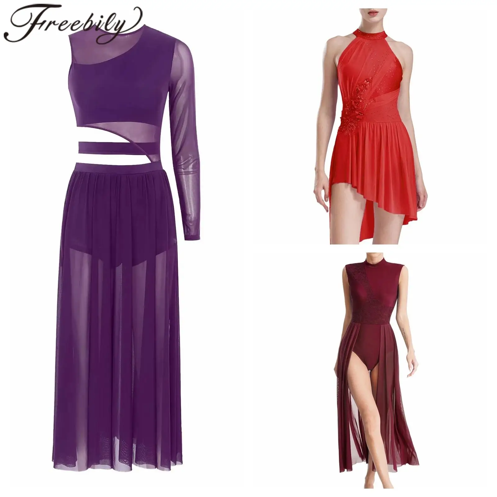 

Elegant Woman's Figure Skating Dress Femme Lyrical Modern Contemporary Dance Costume Mesh Dancewear Ballet Leotard Dress Mujer