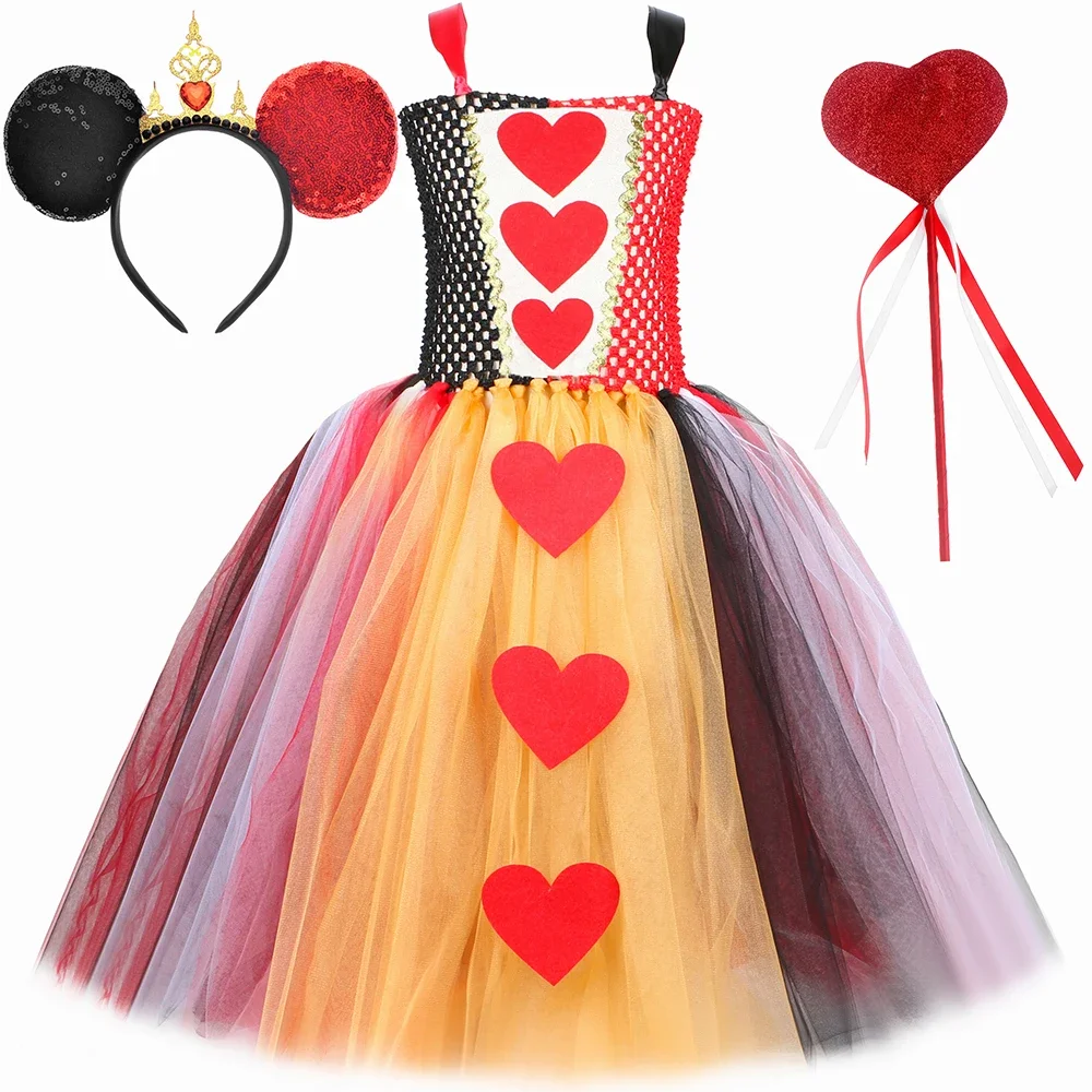 

Red Queen of Hearts Costume Girls Tulle Tutu Princess Dress Alice Wonderland Cosplay Carnival Halloween Costume for Kids Clothes