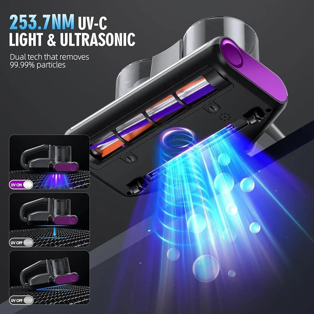 HEPA 필터가 장착된 매트리스 진공 청소기 16Kpa 흡입 UV-C 조명 30000RPM Brushroll 초음파 침대 청소 유선 장치