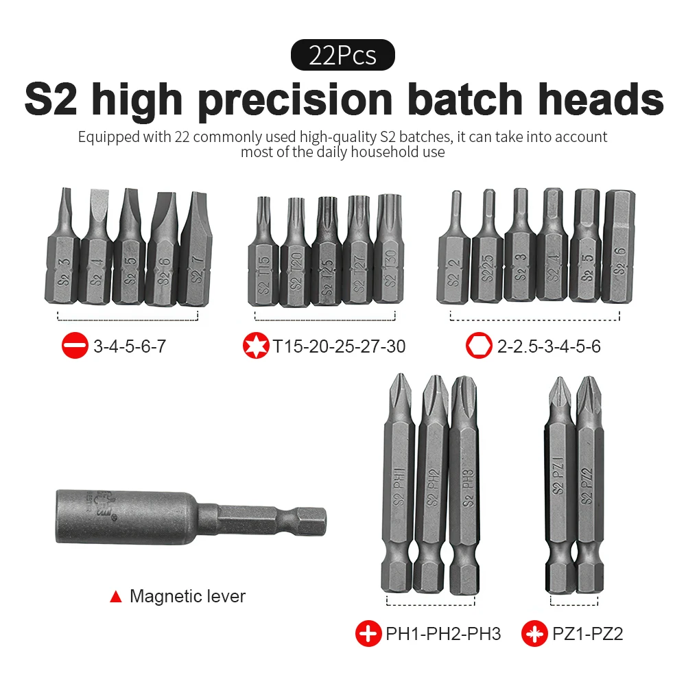 BESTIR 22pcs Screwdriver Bit Set S2 Alloy 1/4 Inch Shank Magnetic Screwdriver Tips Torx Hex Pozi Slotted Phillips For Fix Repair