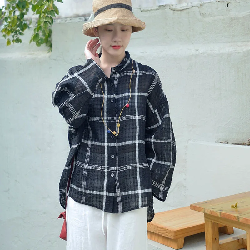 High-End Cotton And Linen Fashion Long-Sleeved Shirt Women's Early Autumn Lapel Button Plaid Lazy Style Thin Short Coat Loose