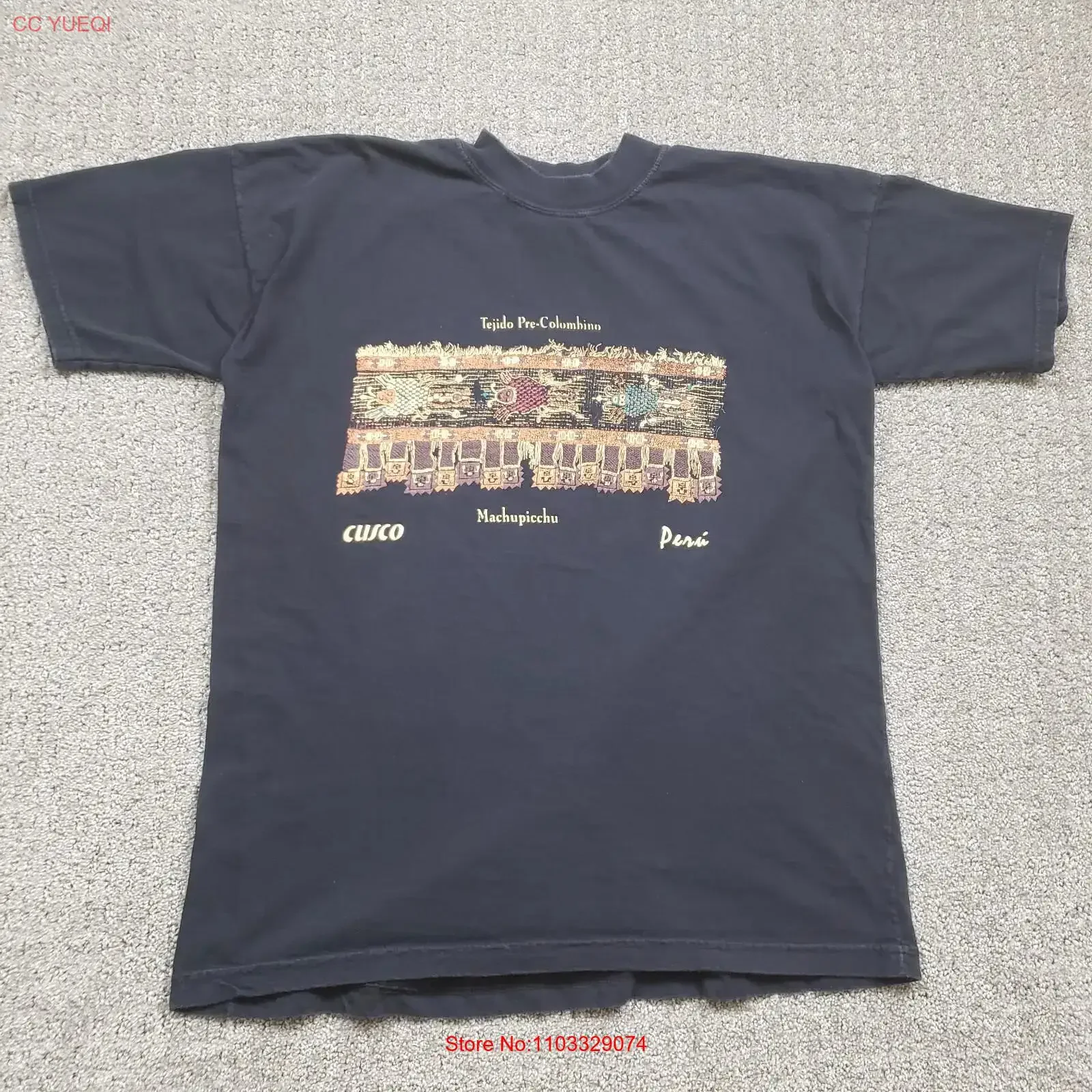 Camiseta Tejido Pre Colombino para Hombre, Talla Grande, Negra, Cusco Machupicchu Perú, Estilo Vintage, Lavada, con Gráficos, Casual, Versátil