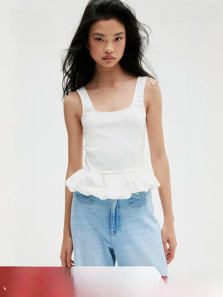 

Жилет H&M женский весенний с подолом-баллон 273064, приталенный, укороченный, из смесового хлопка с эластаном, летняя коллекция