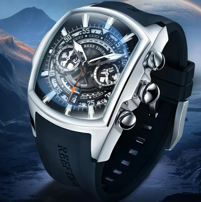 Reef Tiger Men Chronograph Watch 45mm Tonneau Military Quartz Wristwatch Luminous Watches 100m Waterproof Sapphire Skeleton Dial