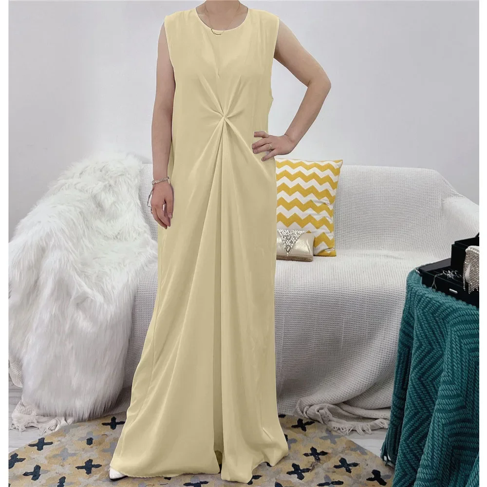 Fashion Muslim Inner Dress Solid Color Islamic Inside Abayas Robes Fancy Dress French Stylish Modesty Sleeveless Dress Vestido