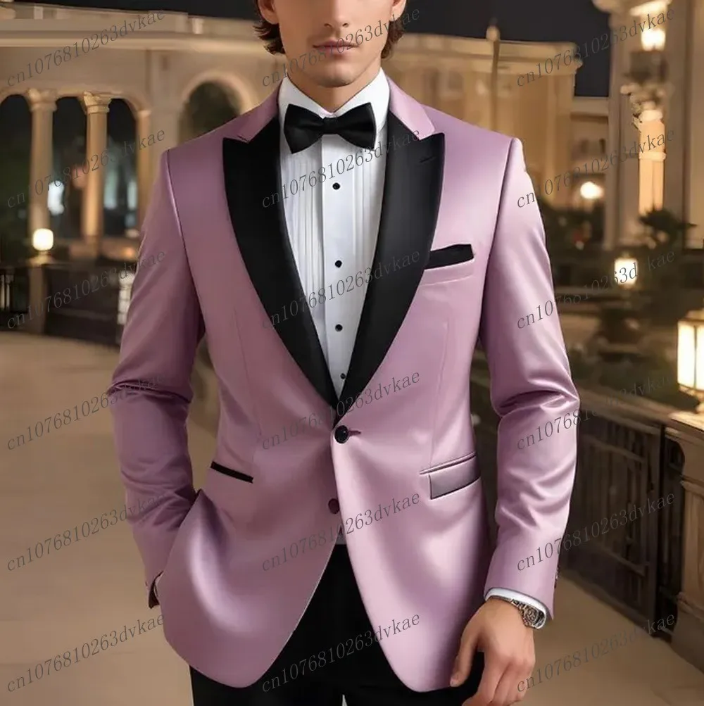 

Lavender And Black Business Men Suit Groom Groomsman Wedding Party Prom Formal Occasion Male Tuxedos 2 Piece Set Blazer Pants