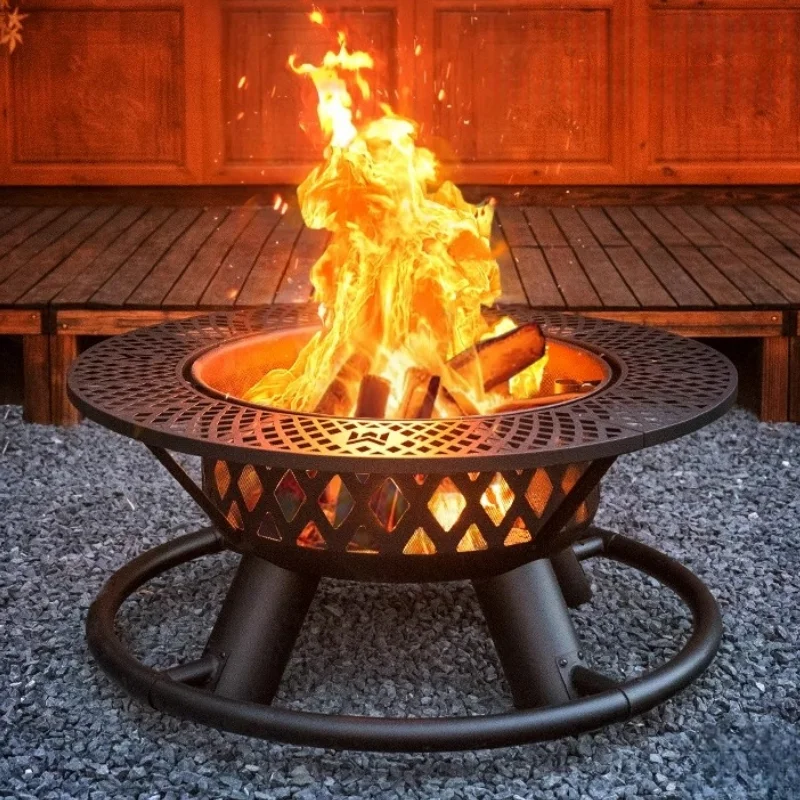 47 Inch Fire Pit Outdoor Patio Furniture Sets With Metal Fire Bowl 3 in 1 Fire Pit With BBQ Grill Outdoor Table With