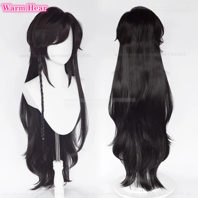 In Stock Anime Hua Cheng Synthetic Long 80cm Black Cosplay Wig With Earrings San Lang Heat Resistance Hair Halloween Party Wigs