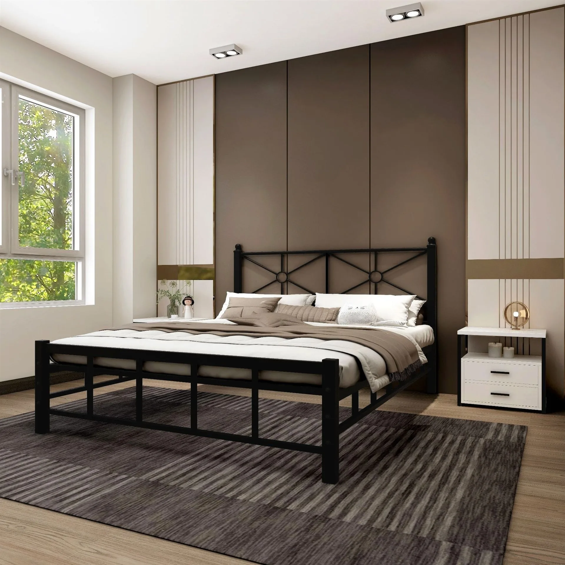 #@Modern Durable Metal Bed Frame Queen Size with Full-Size Slats Simple Design for Home Hotel or School