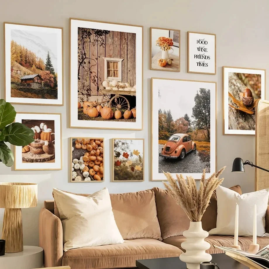 Toile d'Art Mural Vintage pour Décoration de Salon, Affiche Imprimée Nordique, Image Murale, Voiture, Érable, Courge, Automne, Cadeau