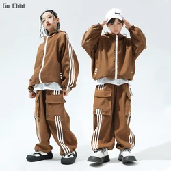 Hip Hop Girls Hooded Bomber Jacket Cargo Sport Pants Boys Street Dance Coat Streetwear Kids Jazz Outfits Children School Uniform