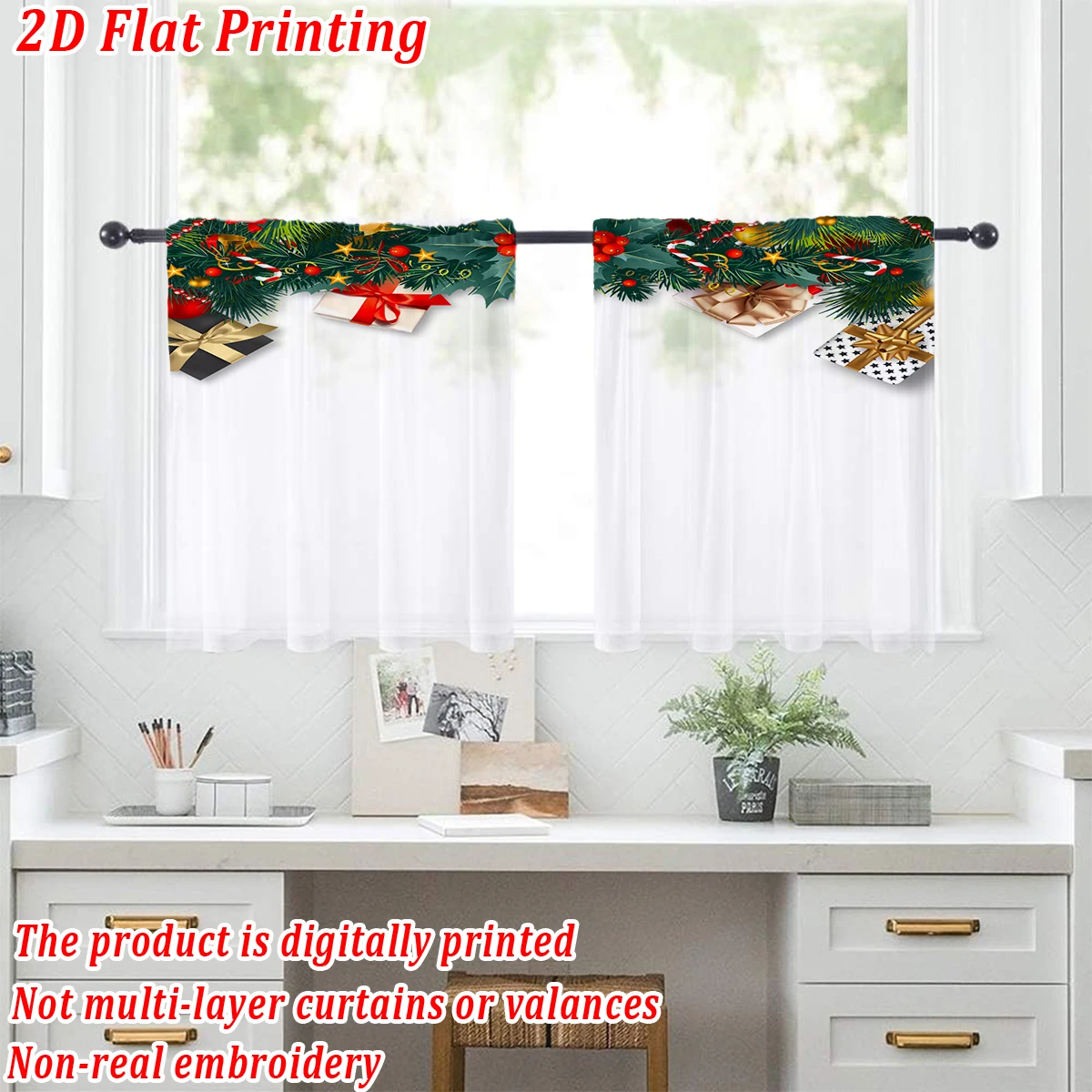 Christmas Flat Printing Kitchen Sheer Curtain with Merry Christmas Gift Box Pine Branch Ornament For Christmas Home Decor  Party