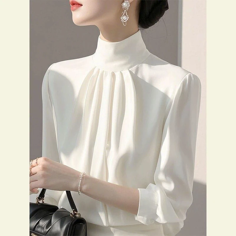 Elegant Pure Color Commute Shirt Women's Loose Fit Long Sleeve Stand Collar Seven-Quarter Length Top for Spring Summer