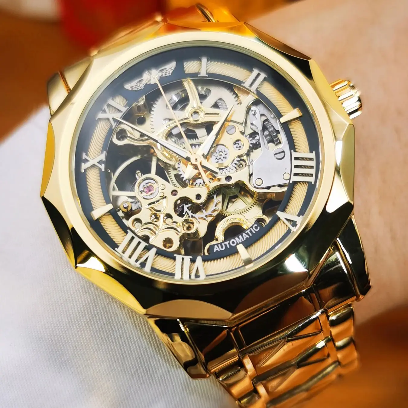 

WINNER Retro Skeleton Automatic Mechanical Watch for Men Luminous Hands Gold Stainless Steel Strap Business Fashion Mens Watches