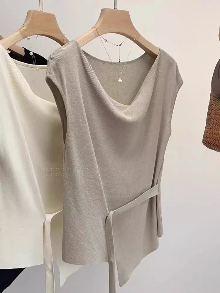 

Korean Sle Ice Silk Knitted T-irt Women's Summer Design Waist-Cinching Belted Svel Top Straight Cut Commute Sle