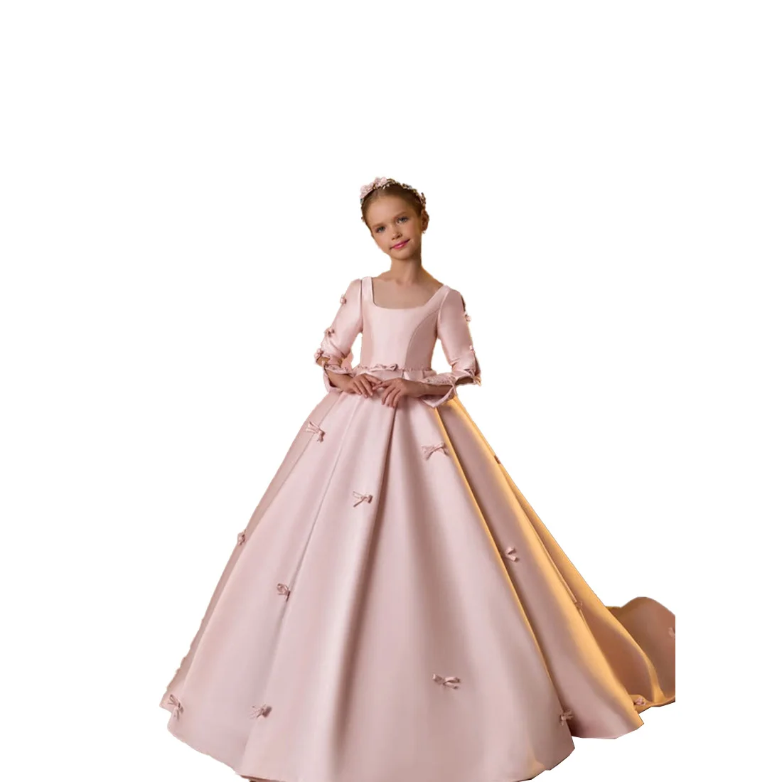 YZYmanualroom Mädchen Satin Premium Schleppe langes Hochzeitskleid Erstkommunion formelles Kleid/anpassbar