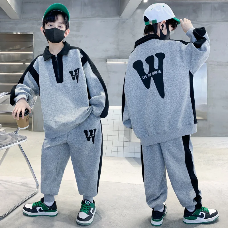 Spring Fall Fashion Boys Cotton Letter Zipper Design Tops+Casual Pants School Kids Tracksuit Children 2-Piece Outfits 5-14Year