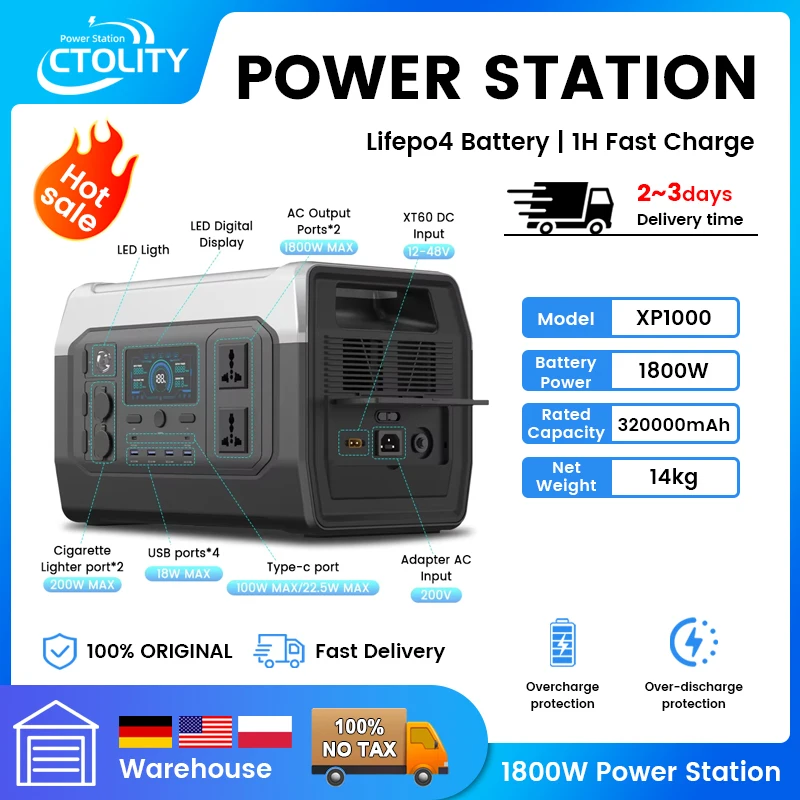 

Ctolity 1000W Portable Power Station, 1800w Lifepo4 Battery, UPS Function, Pure Sine Wave Two, AC Outlets Port, Solar Generator