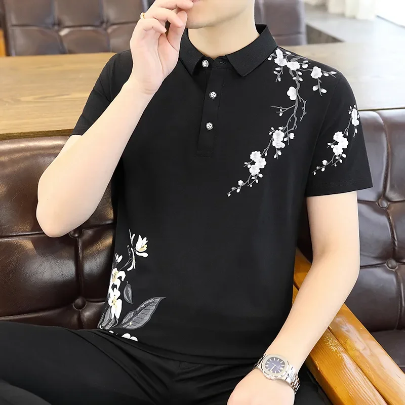 Men's Casual Floral Print Polo Shirt Short Sleeve Slim Fit Cotton Turn-down Collar Summer Breathable Top