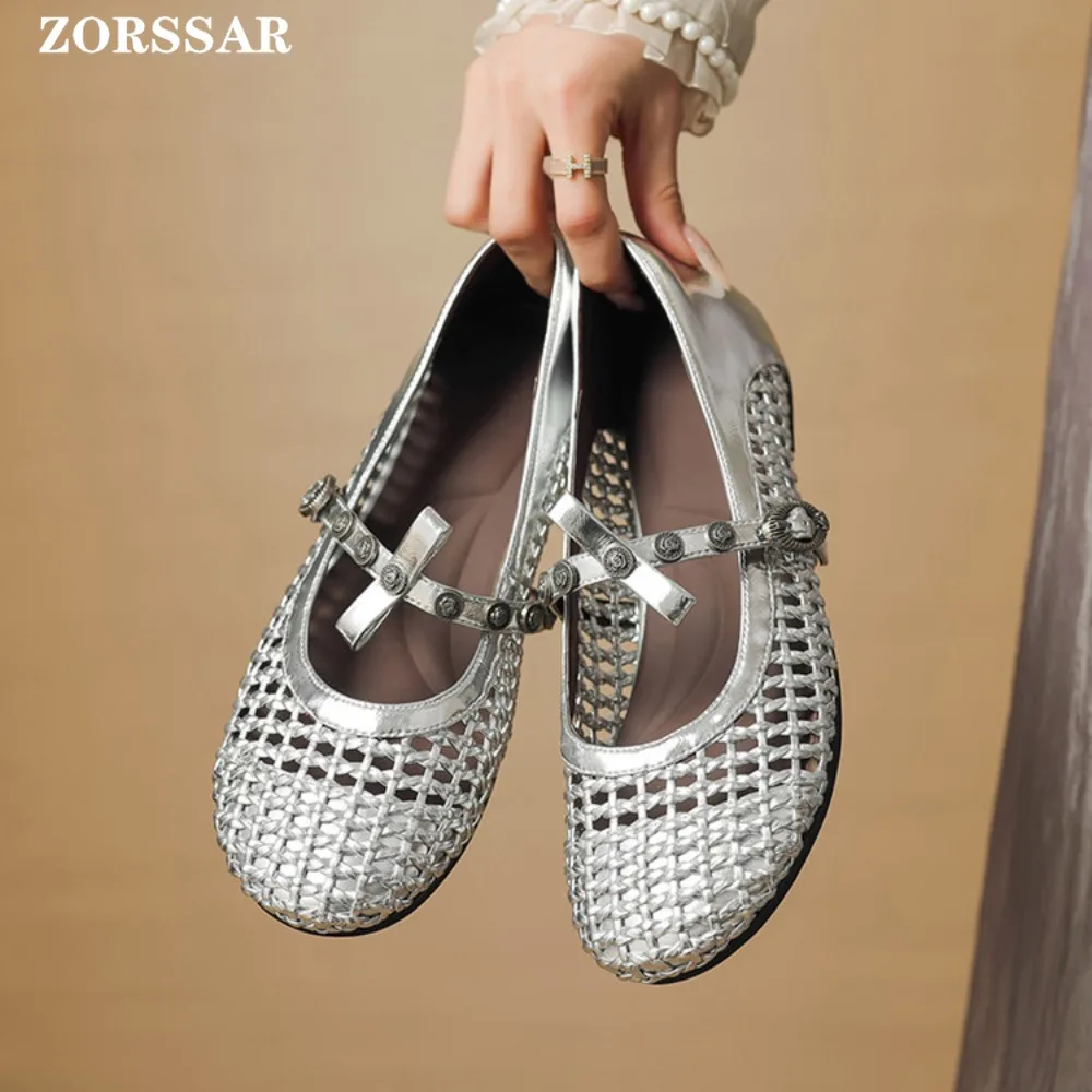 Luxury Crystal Rhinestone Fishnet Ballet Flats Woman Brand Design Rivet Mesh Mary Jane Shoes Ladies Summer Loafers Plus Size 40