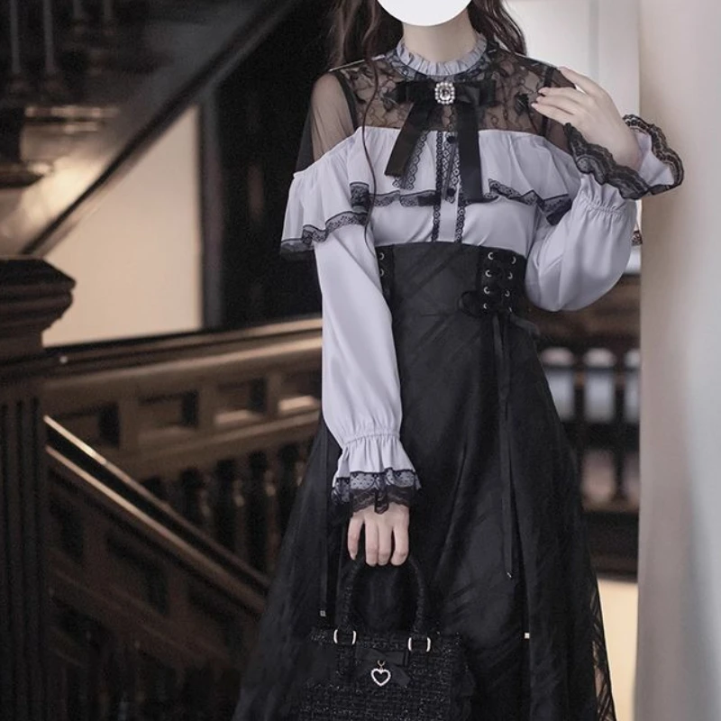 اليابانية القوطية Y2k لوليتا نمط تنورة مجموعة النساء الدانتيل المرقعة القوس كم طويل بلوزة سوداء حفلة ميدي تنورة دعوى ملابس حلوة #5