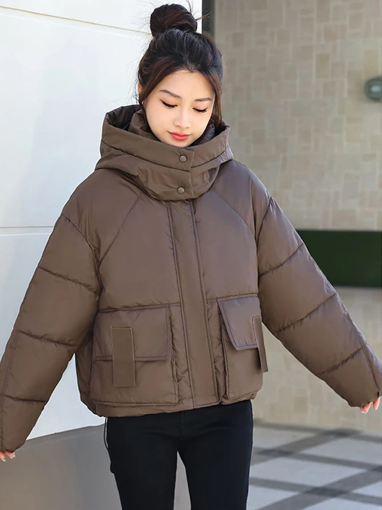 Winter 2022 Neue Thermo Jacke Frauen Tasche Casual Zipper Strickjacke Mit Kapuze Baumwolle gefütterte Verdickt Warme Schnee Tragen Mantel