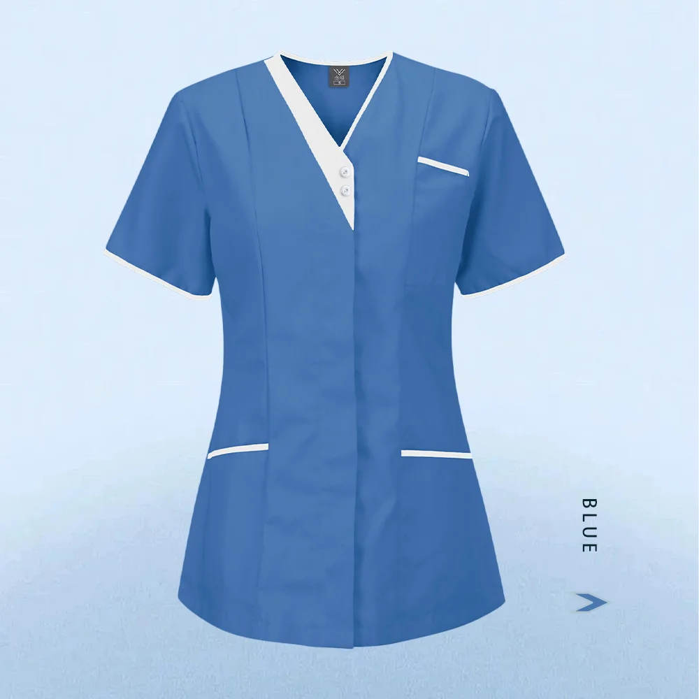 t Shirt Surgery Hospital Nurse Uniform Blouse Fashion Women's Loose Tops Summer Short Sleeve Outwear V-neck Button 7 Solid Color