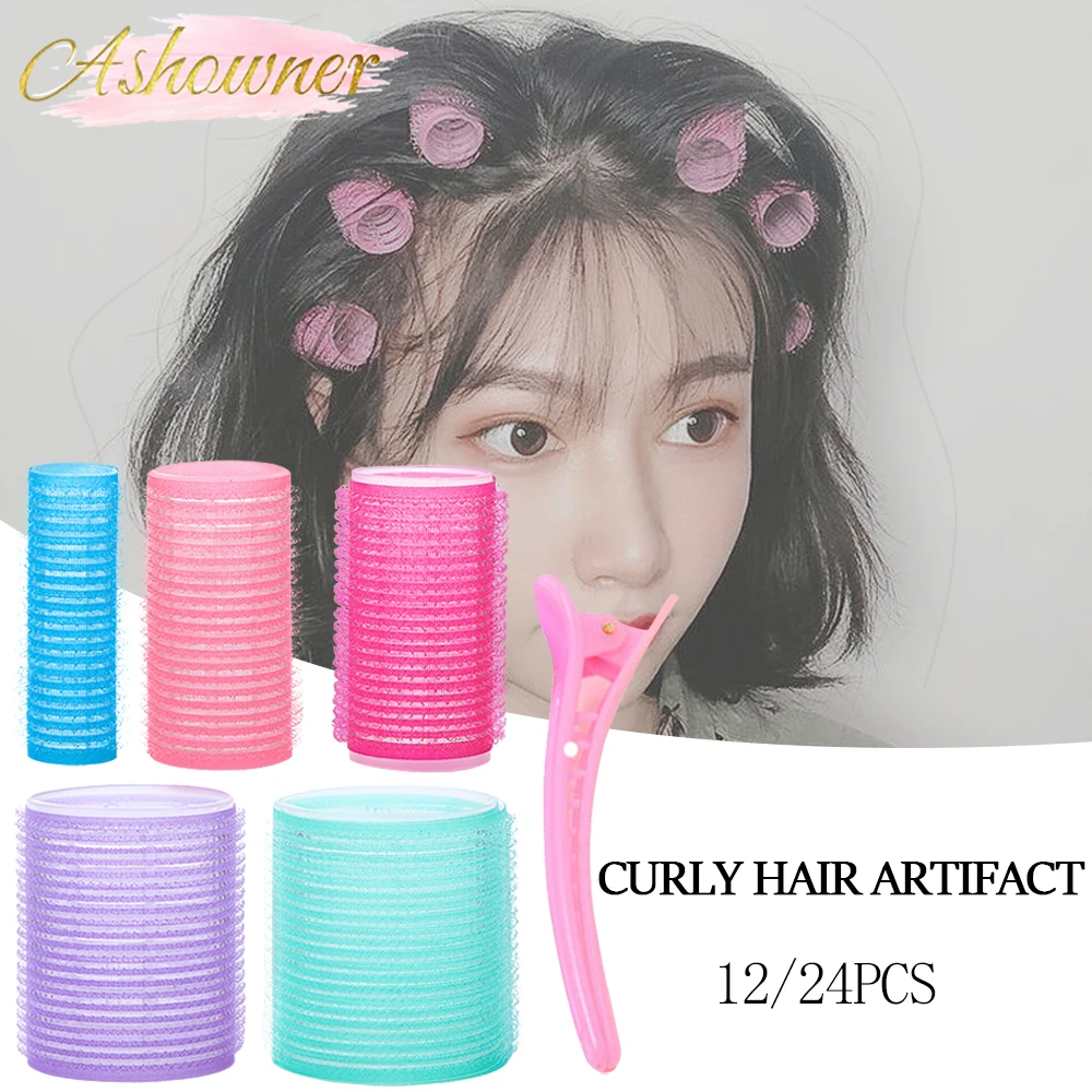 Jumbo Size Self-Grip Hook Hair Rollers Set 12/24pcs Natural Curlers Heatless Self-adhesive Curling Hairdressing Styling Tools