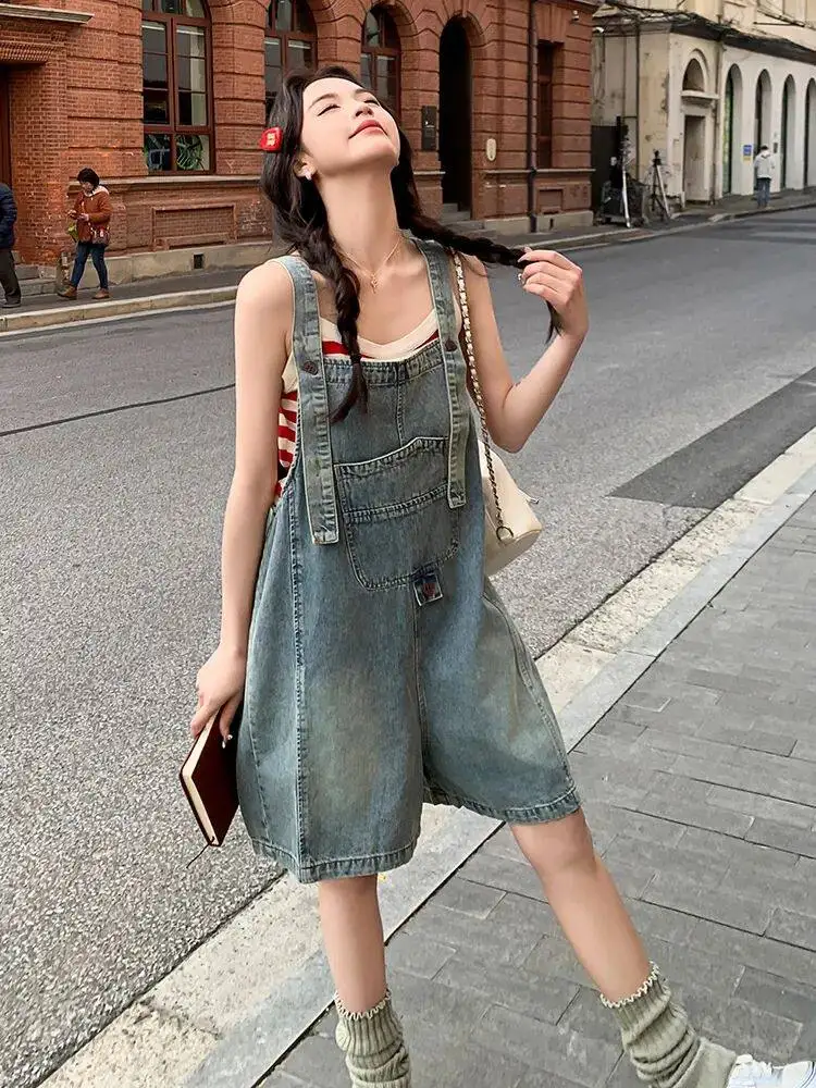Solid Color Denim Overalls for Women Summer Retro Loose Jumpsuit Shorts Korean Style Commuting Buckle Suspenders Shorts