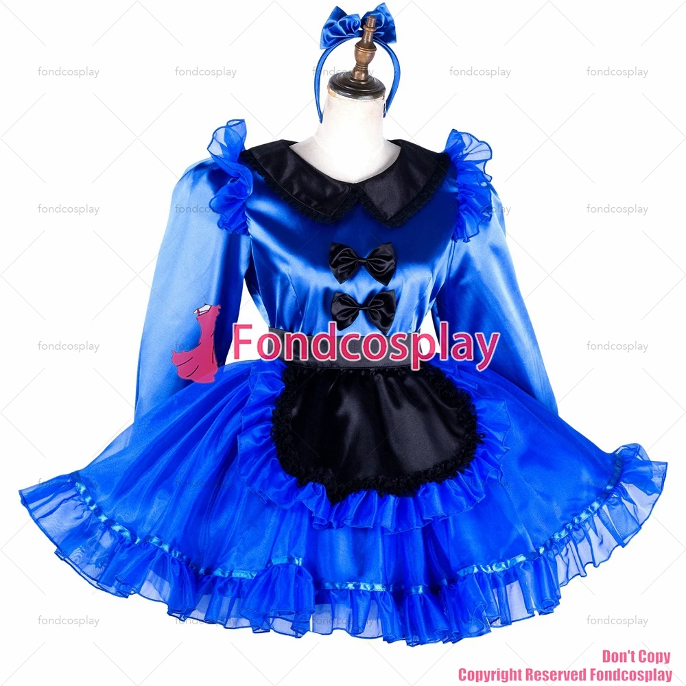 fondcosplay adult sexy cross dressing sissy maid blue satin dress organza lockable Peter Pan collar Uniform CD/TV[G2035]