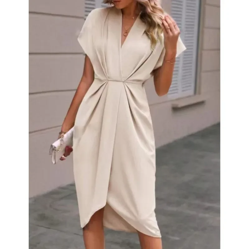 Women Elegant Short Sleeve Midi Dress New Spring Summer Sexy Deep V Neck Draped High Waist Office Party Boho Long Dresses